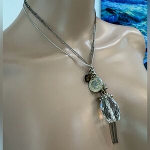 Banana Republic Charm Necklace w/ Crystal Pendant and Tassel, Weathered Patina